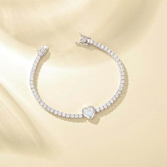 Women’s Sterling Silver Heart-Shaped Fire Opal Tennis Bracelet 7 Inch Gift for O - Picture 2 of 6